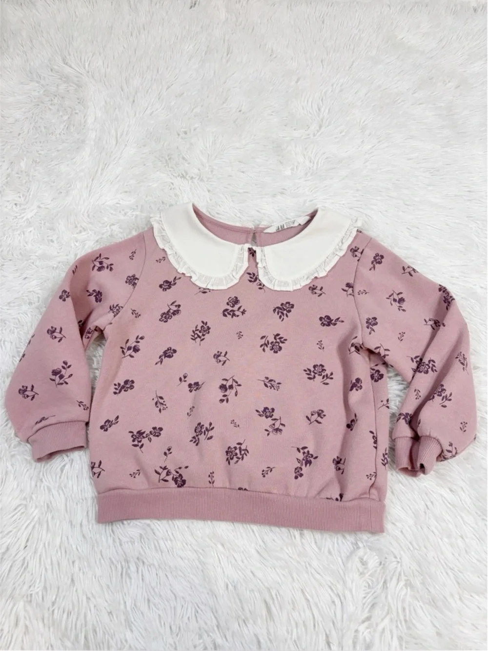 HM Girls Pink Floral Sweater sweatshirt with White Peter Pan Collar long sleeve